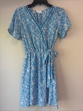Sienna Sky Blue Floral Faux Wrap Mini Dress with Tie Waist